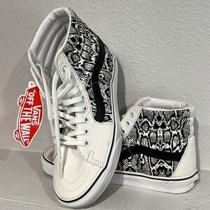 White and Black Vans SK8- HI High-Top Sneakers with Python Pattern